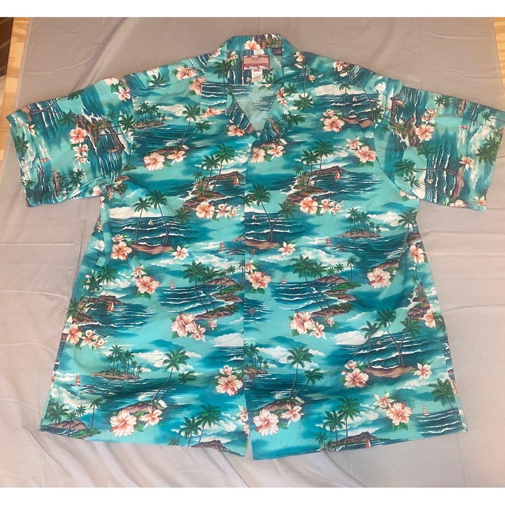 RJC Hawaiian Shirt Mens 4XL Turquoise Blue Tropical Palm Tree Cotton Vintage